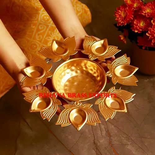 Brass Lotus Urli Shape Round Color Golden Diameter 14 INCH Depth 2 To 3 inch Design Lotus Shape Material Mild Steel Finish Antique - Image 9