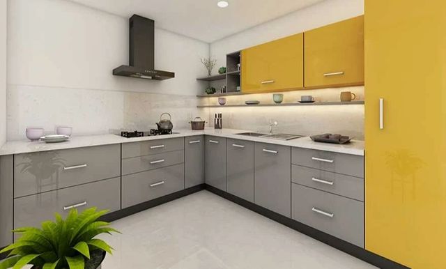 MDF and PVC Modern L Shape Modular Kitchen Colour Yellow Appearance Modern Material MDF and PVC Finish type Polished Door Finishing - Image 1