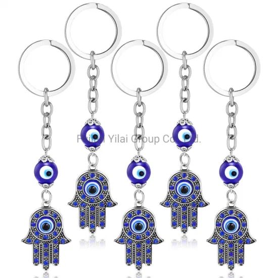 Custom Hand Rhinestone Crystal Blue Key Chain Lucky Metal Bracelet Evil Charms Pendant Eye Keychain - Image 1