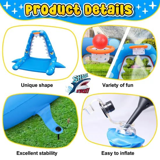 Inflatable Shark Water Toys Splash Pad with Basketball Hoop - Image 6