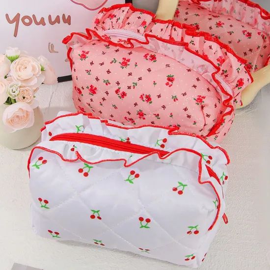Floral Handle Quilted Cotton Cosmetic Bag Ruffle Makeup Pouch - Image 5