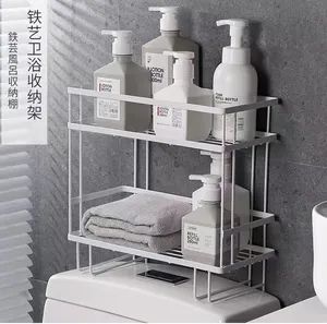 2 Tier Rack Storage Display Stand Shelves Over The Bathroom Adhesive Shower Storage Holders Racks Black with Hooks - Image 5