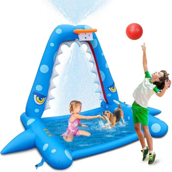 Inflatable Shark Water Toys Splash Pad with Basketball Hoop - Image 1