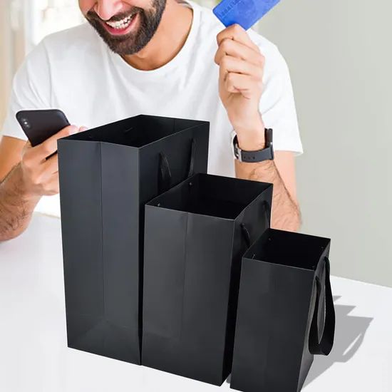 Customize Logo Black Luxury Shopping Tote Paper Bags with Ribbon Handles - Image 3