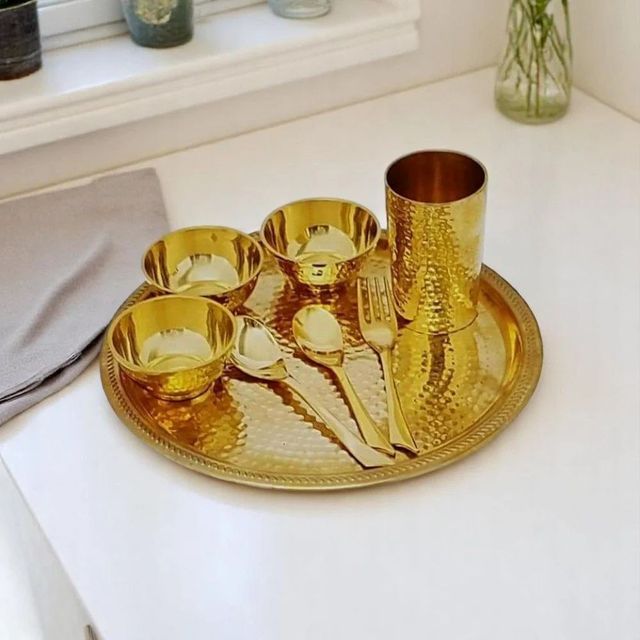 Brass Thali Set, For Home Size 10 Shape Round Material Brass Design Handcrafted Usage/Application Home Intended Use Authentic Indian - Image 2