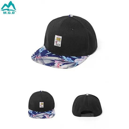 Wholesale Two-Tone Printed Brim Custom Logo Custom Snapback Caps Black - Image 4