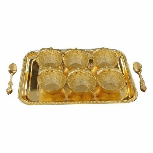 Gold Plated Ice Cream Bowl Set Color Golden Material Brass Finishing Gold Plated Bowl Shape Apple shape Set Contain 6 Bowl,6 Spoon,1 - Image 1