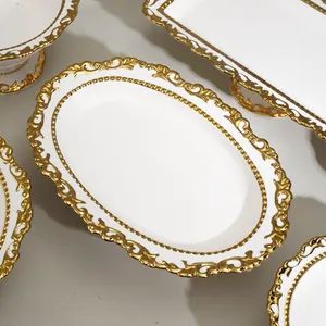 Premium Quality European Gold Ceramic Dinnerware Set 10 Inch Footed Flat Plate - Image 4
