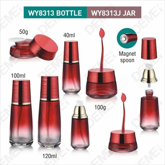 Elegant Red Glass Cosmetic Container with Gold Lotion Pump - Image 5