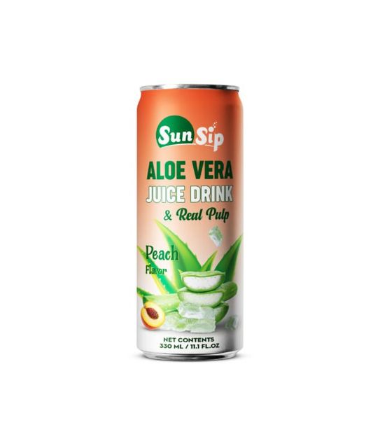 330ml Can Sunsip Aloe Vera Juice Drink With Pulp Peach Flavor - Image 1