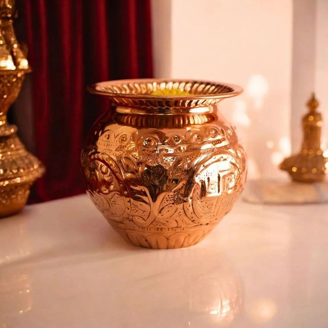 Pure Copper Pooja Lota Capacity 400 Ml Weight 200 Grams Material Pure Copper Symbols Om And Swastik Size 9.5 X 9.5 Cm (height X - Image 1