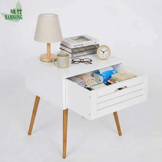 Nightstand Matte White Cabinet Hidden Drawer Storage & Decorative Nordic Style Bedroom Bedside Table - Image 2