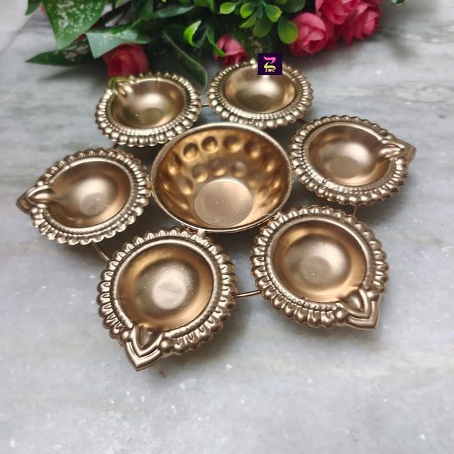 Metal Diwali Decorative brass Diya Type Metal Color Golden Design Round Feature 6 Diyas Occasion Diwali Lighting Type - Image 2