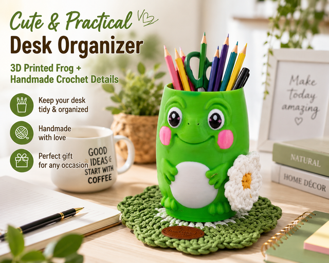 Frog Shaped Desk Organizer with Handmade Crochet Flower & Mat – 3D Printed Pencil Holder & Cute Office Storage - Image 2