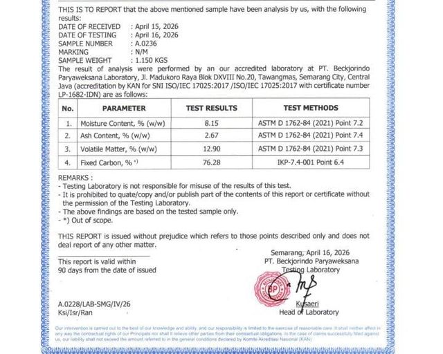 COCONUT SHELL CARBON Moisture Content 8.15. Ash Content 2.67. Volatile Matter 12.90. Fixed Carbon 76.28 - Image 3