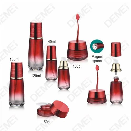 Elegant Red Glass Cosmetic Container with Gold Lotion Pump - Image 2