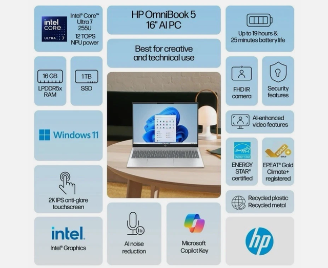 HP OmniBook 5 Laptop AI 16" 2K Touch Intel Core Ultra 7 255U - 16GB RAM- 1TB SSD - Image 3