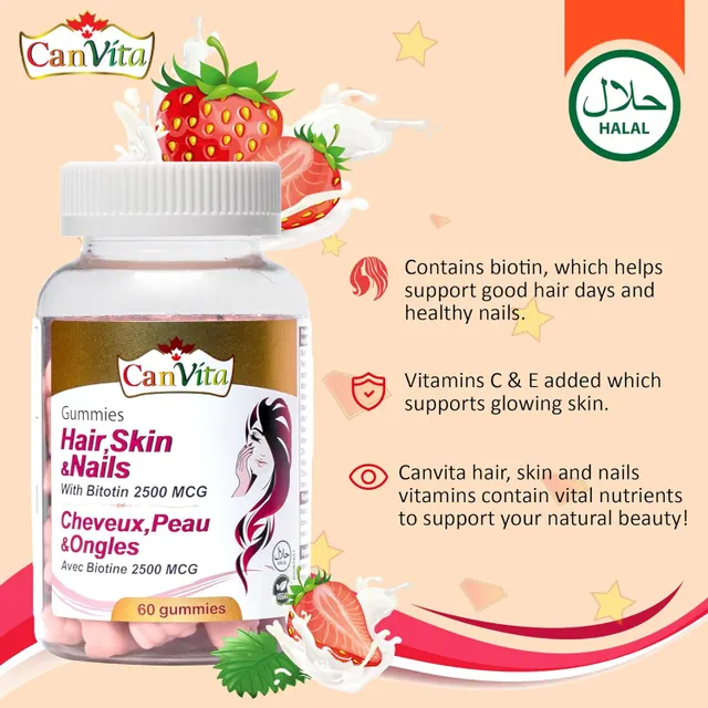 Canvita Hair, Skin and Nails Halal & Vegan Gummy 180, three month supply, Made in Canada - Image 3