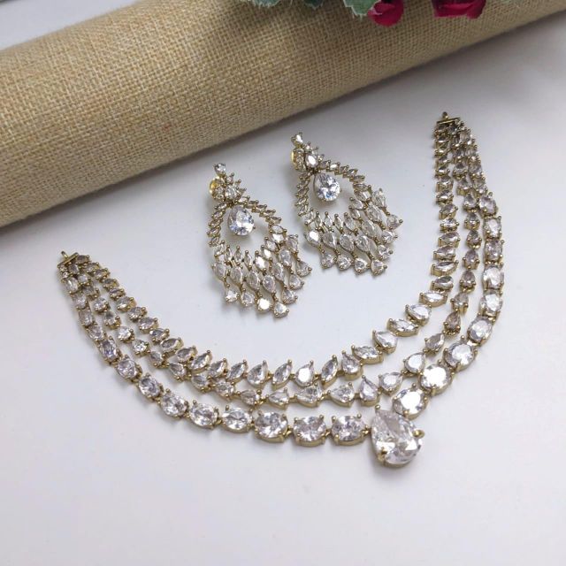 Designer Silver Plated Crystal Necklace Set with Earrings for Women | Bridal Wedding Jewelry Set | Imitation Diamond Choker Necklace & Drop Earrings for Party, Festive - Image 4