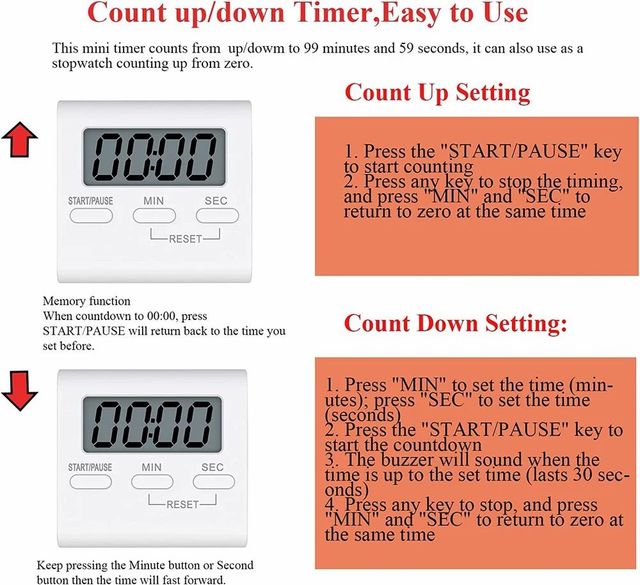 Square Timer, Small Digital Kitchen Timers, Timer for Cooking, Digital Stopwatch with Loud Alarm - Image 5