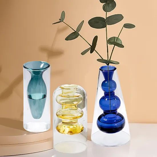 Double Wall Galss Flower Pot with Color Inner Creative Glass Vase - Image 3