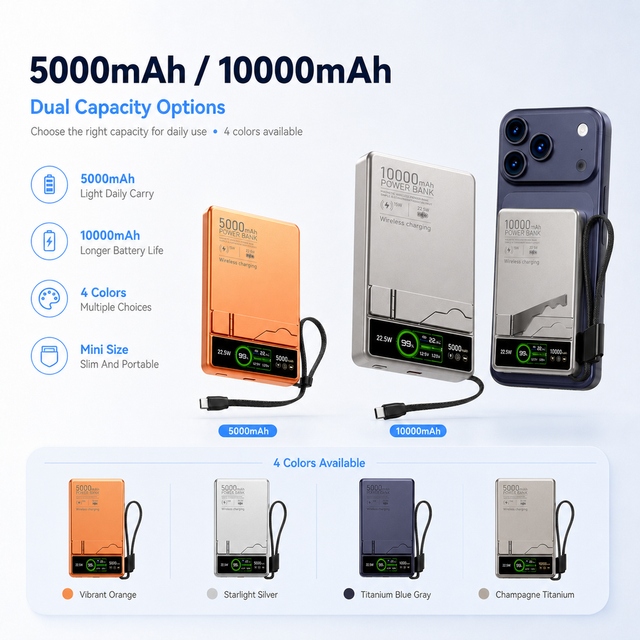 5000mAh 10000mAh Magnetic Wireless Power Bank Portable Charger 22.5W Fast Charging Power Bank with Type-C Cable and Stan - Image 3
