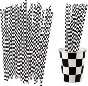Paper Straws Racing Car Straws Black and White Checkered Drinking Straws for Racing Birthday Party Decorations - Image 1
