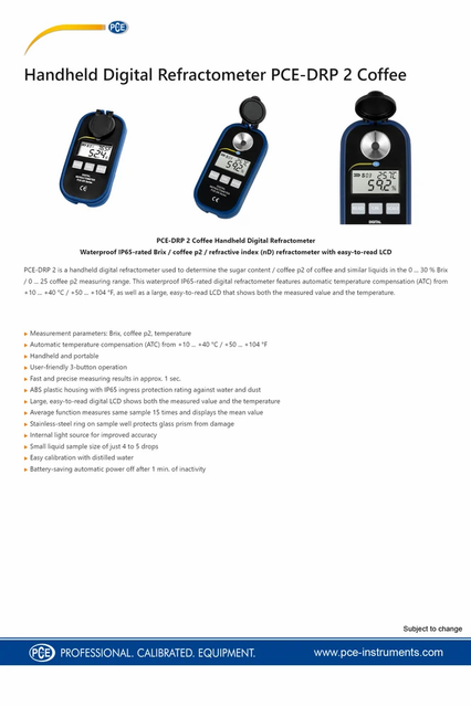 Handheld Digital Refractometer PCE-DRP 2 Coffee Brand PCE INSTRUMENTS Accuracy Brix ±0.2 % Brix Measurement BRIX 0 ... - Image 5