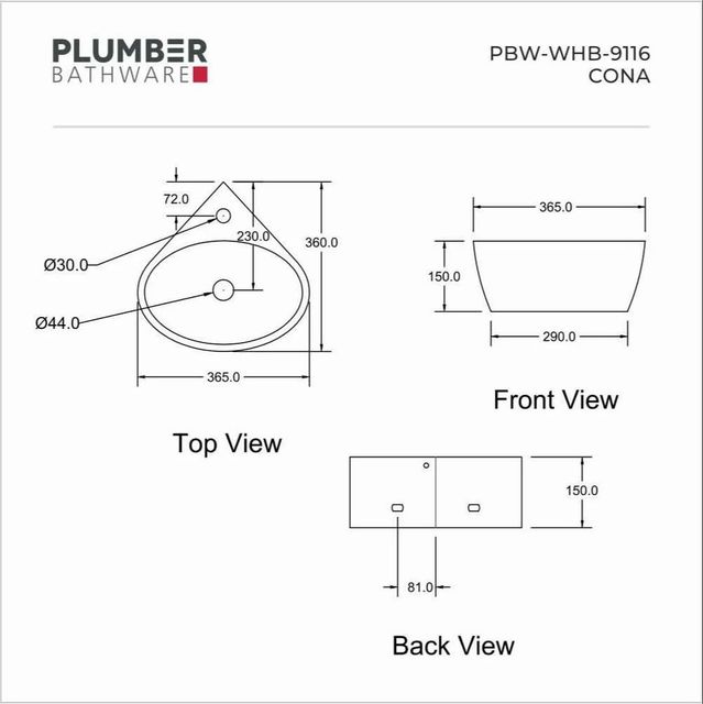 Cona Wall Hung Basin Color White Size 365 x 360 x 145mm Mount Type Wall Mounted Model Number PBW WHB 9116 Product Brand Plumber - Image 2