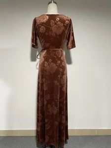 Floral Embossed Velvet Maxi Dress Long Long Color Spice Origin China Style Casual Season Winter Trademark OEM Front Fly - Image 6