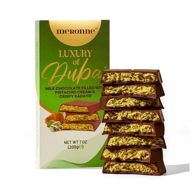 INDULGENT PREMIUM MERONNE LUXURY MILK CHOCOLATE WITH PISTACHIO CREAM & CRIPSY KADAYIF 200gx24 PER CARTON On SALE - Image 3