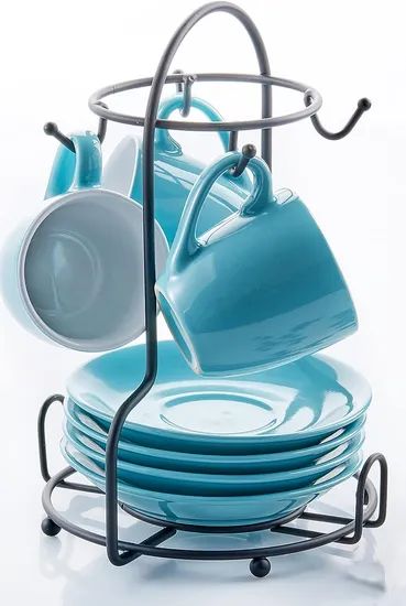 Blue White Ceramic Espresso Coffee Tea Cups & Saucers Set W/ Storing Rack - Image 1