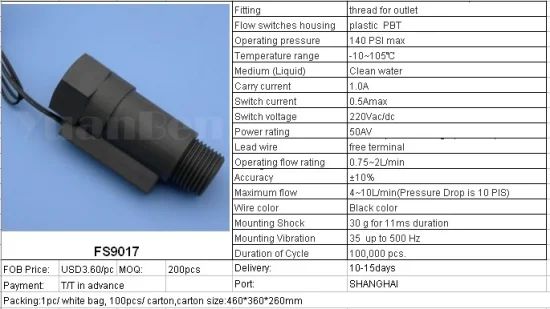 Plastic Mini Flow Switch Piston Reed Sensor Type PVC PBT Origin Shanghai Model NO. FS-900 Pressure 0.8 MPa Trademark - Image 1