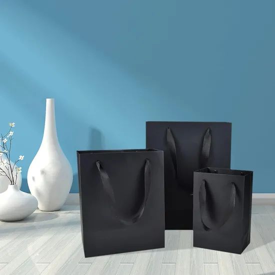 Customize Logo Black Luxury Shopping Tote Paper Bags with Ribbon Handles - Image 1