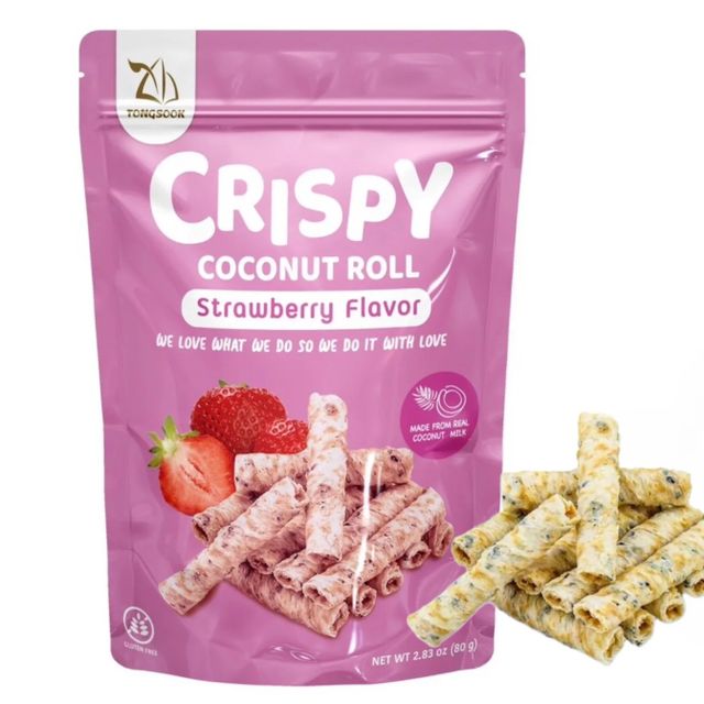 Crispy coconut roll premium snack from Thailand Strawberry Flavor protein bars biscuits Japanese Chocolate Size 80 gram - Image 1