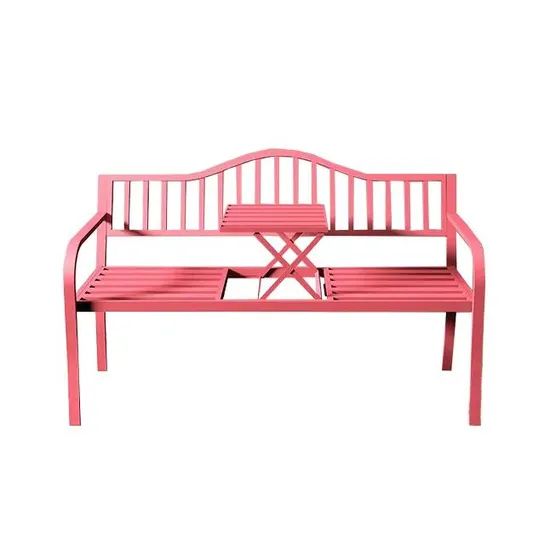 59in Modern Steel Outdoor Garden Metal Benches with Center Table for Park Yard Patio Slatted Seat - Image 5