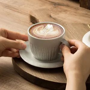 Chic Striped Coffee Cup and Saucer Set for Home Breakfast White Color - Image 1