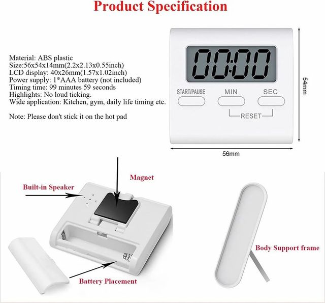 Square Timer, Small Digital Kitchen Timers, Timer for Cooking, Digital Stopwatch with Loud Alarm - Image 7