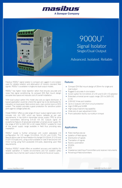 4mA Masibus 9000U+ Signal Isolator Current Rating 4mA Space Occupation Compact Noise Rejection Ratio Higher Signal Isolation Type 4 - Image 4