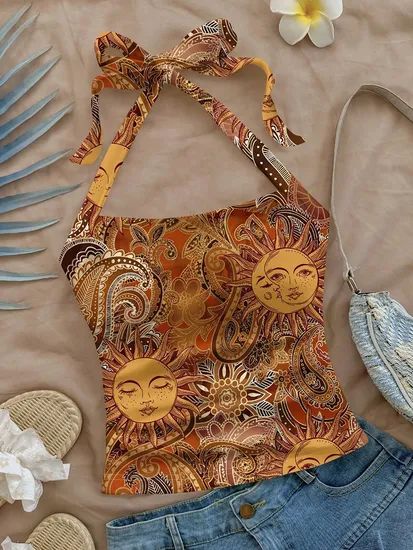 Sling Top Hot Summer Sexy Neck Tank Tops Casual Party Vacation Floral Short Front for Womens - Image 1
