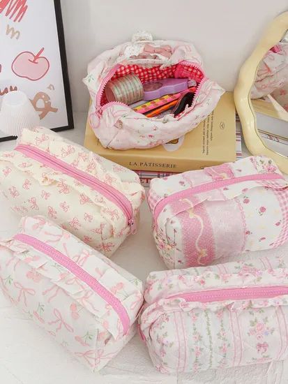 Floral Handle Quilted Cotton Cosmetic Bag Ruffle Makeup Pouch - Image 3