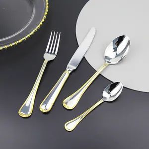 304 Stainless Steel Dinnerware with Gold Edging Pattern Set of Four Pieces - Image 4