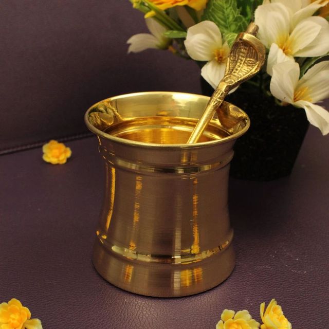 Brass Panchapatra Set Size Medium Shape Round Color Golden Finish Glossy Set Content 2 Material Brass Usage/Application - Image 1