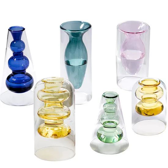 Double Wall Galss Flower Pot with Color Inner Creative Glass Vase - Image 1