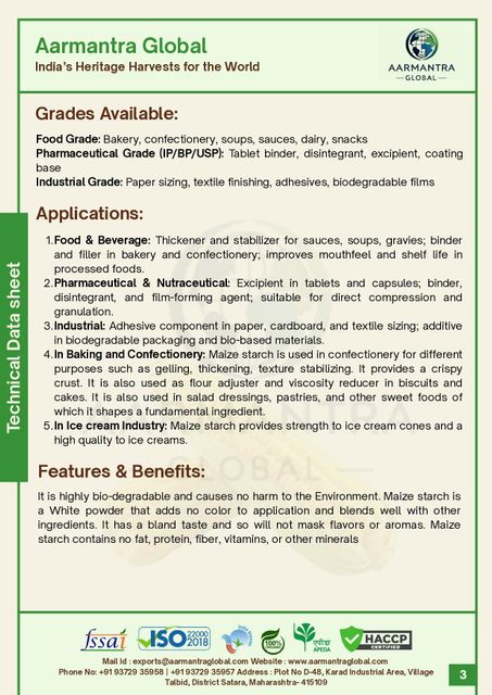 MAIZE STARCH Purity High Color White Form Powdery Shelf Life 2 YEARS Secondary Use Binder Primary Use Thickener Place of Origin INDIA - Image 3