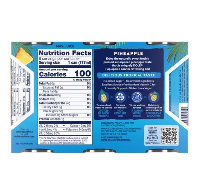 100% PINEAPPLE JUICE DOLE BRAND Brand Name Dole - Image 2