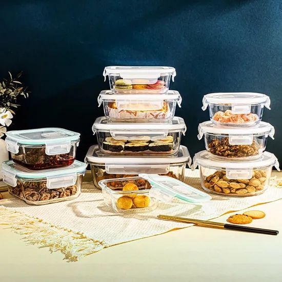 Borosilicate Rectangular /Square/Round Glass Food Storage Container Glass Crisper with Plastic Lid Lunch Bento Boxes - Image 1