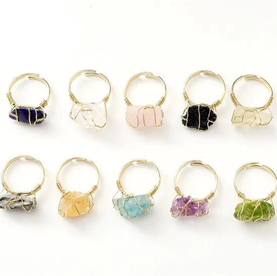 Handmade Winding Natural Stone Rough Stone Amethyst White Crystal Aquamarine Irregular Gemstone Finger Rings for Women - Image 3