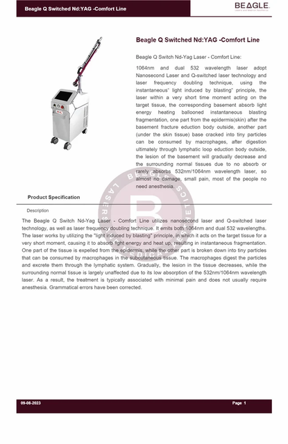 Q Switched Nd:YAG -Comfort Line Pain Level Small Pain Wavelengths 1064nm And 532nm Tissue Damage Minimal To None Frequency Doubling Technique - Image 3