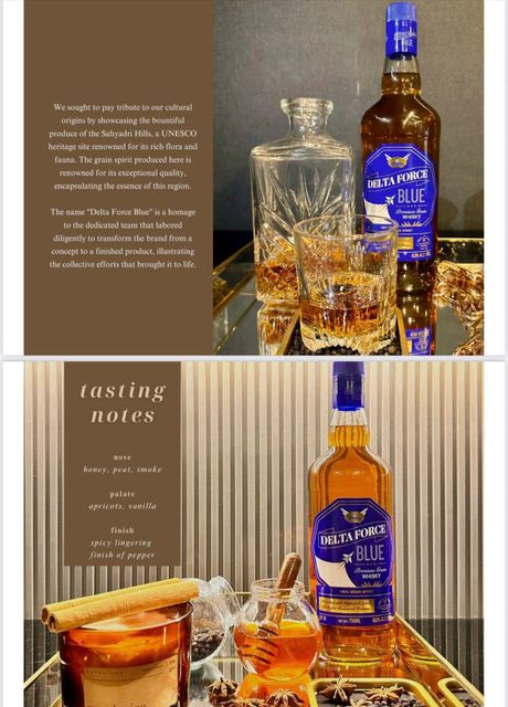 DELTA FORCE BLUE premium grain WHISKY Origin INDIA Net Weight 0.75 L Taste Profile Strong Age > 1 Year - 3 Years Alcohol content > 35 % - 40 %, > 40 % - 45 % - Image 1